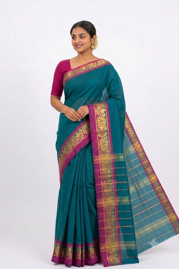 Peacock Teal Handloom Cotton Saree with Rich Zari Border & Contrast Magenta Border