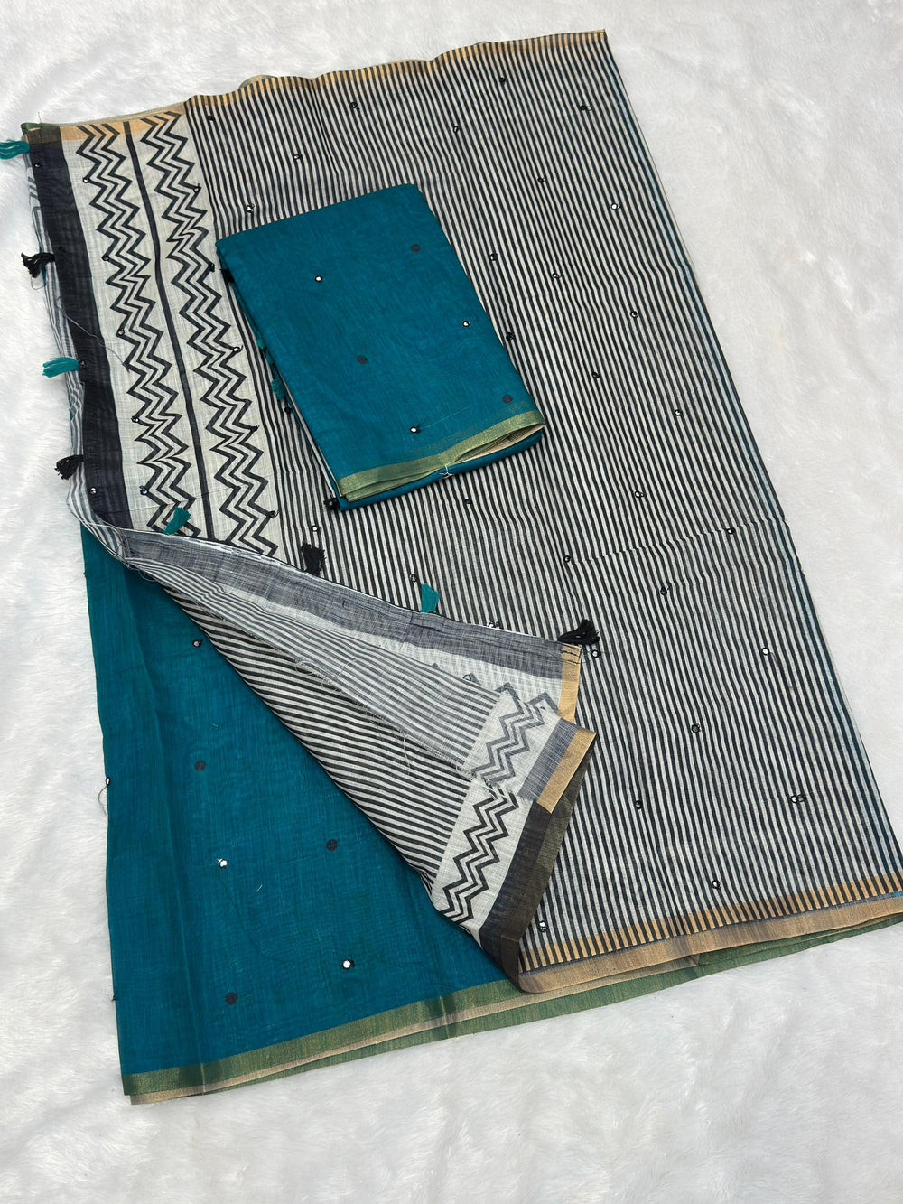 Linen mirror work saree Teal Blue