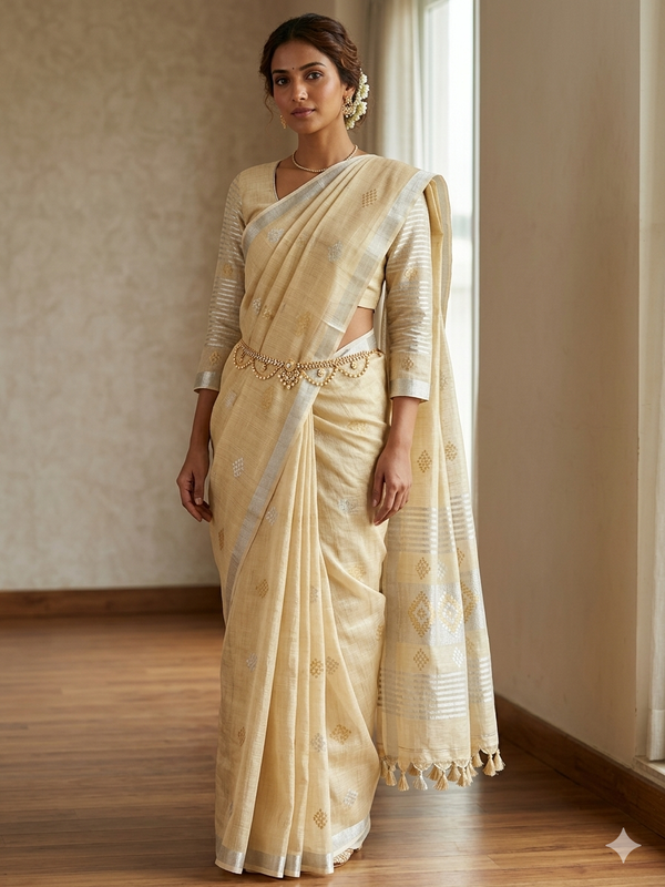 Ivory Gold Elegance Linen Saree