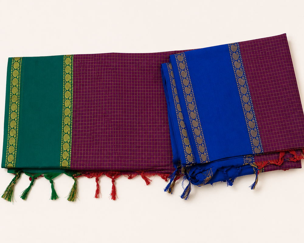 Authentic Handloom Cotton Saree | Double Vaarpu Weaving | Dual Contrast Border | Soft & Durable | Without Running blouse