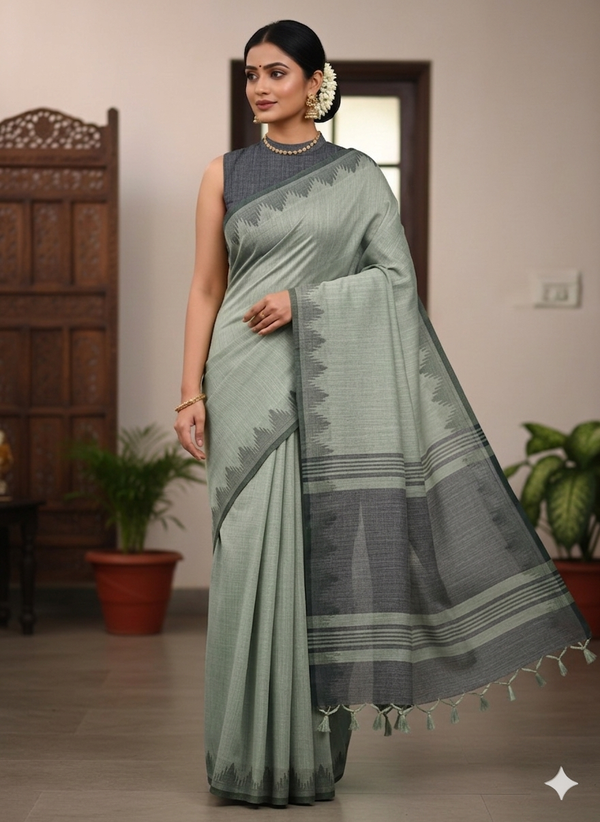 Solid Green Linen Saree with Dark grey Temple border and blouse