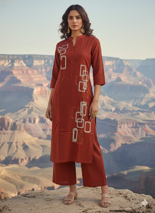 Rust Orange Embroidered cotton coord set