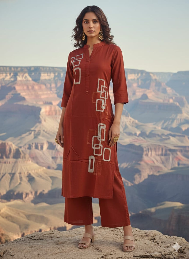 Rust Orange Embroidered cotton coord set