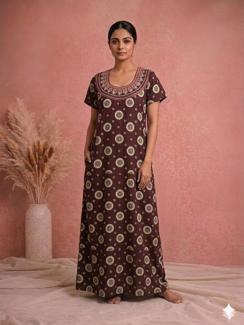 Shanthi Printed nighty with embroidery work Maroon Circle
