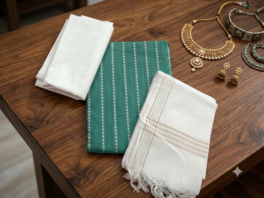 Teal Green Pure handloom cotton dress material with Mangalgiri cotton bottom & dhupatta