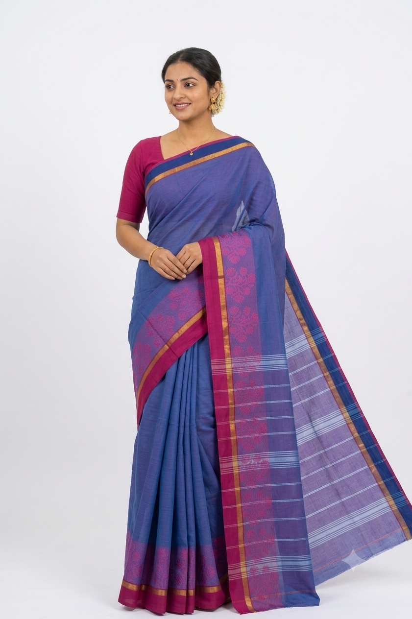 A woman modeling a purple and magenta silk saree with gold and orange border details, paired with a magenta blouse, against a plain white background.