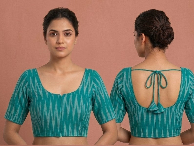 Princess cut Readymade blouse - Ikat cotton Teal Green