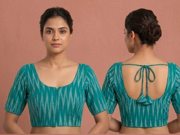 Princess cut Readymade blouse - Ikat cotton Teal Green