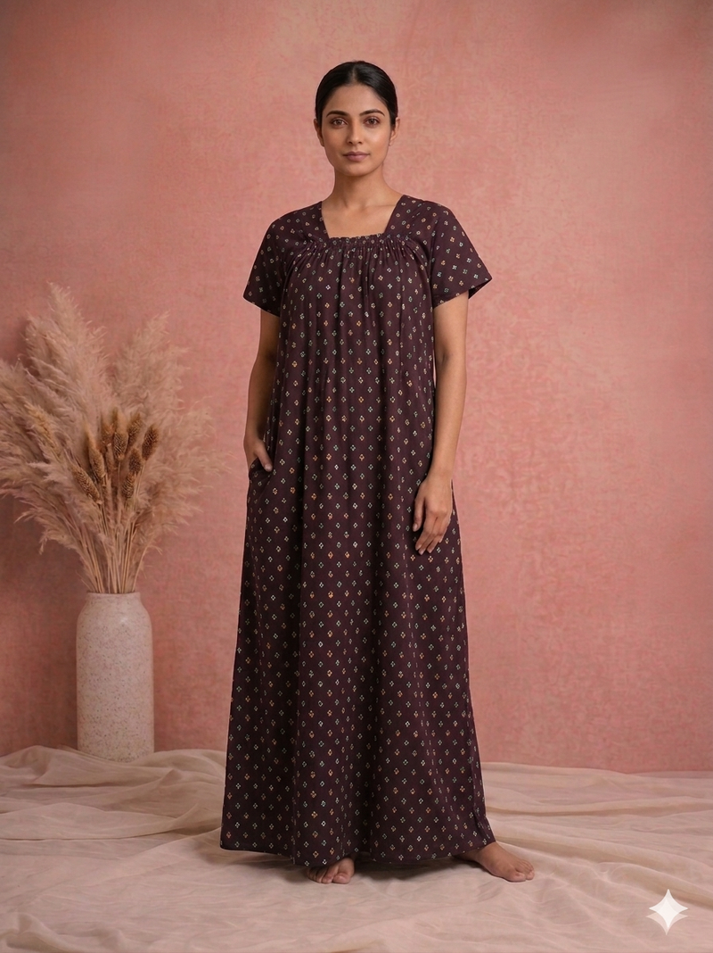 Meenu's Sunflower Cotton nighty Wine L