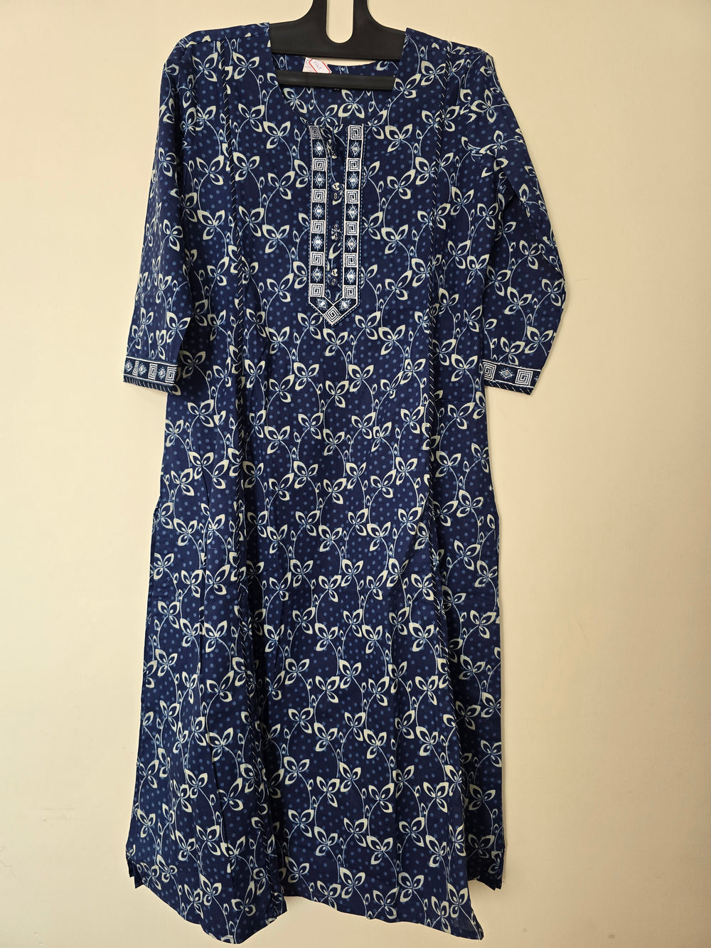 Navy Long Kurti with Embroidery neck pattern