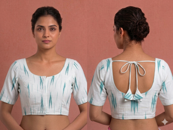 Princess cut Readymade blouse - Ikat cotton White and Free
