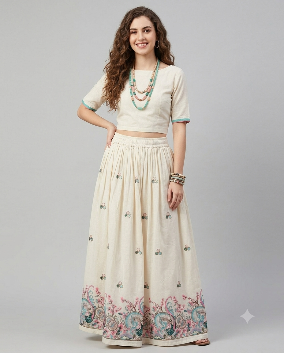 Khadi cotton long skirt with Embroidery - Free size