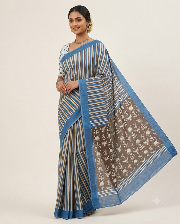 Elegant Blue Stripped mul cotton saree