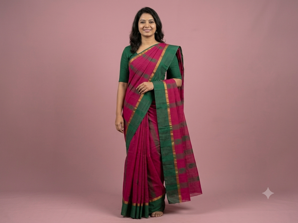 A woman modeling a magenta pink and green saree with gold stripes and a green blouse, standing against a solid pink studio backdrop.