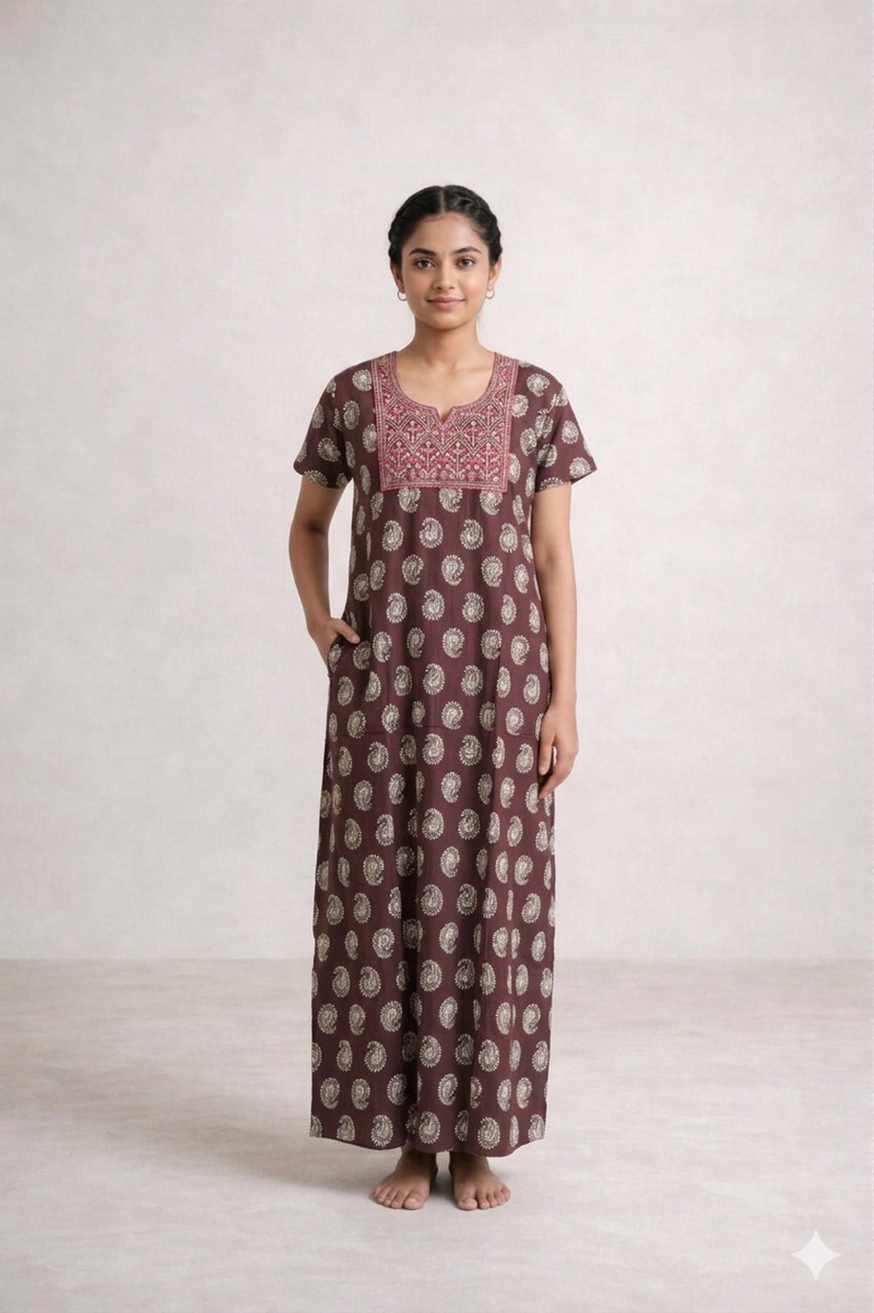 Shanthi Printed nighty with embroidery work Maroon Mango