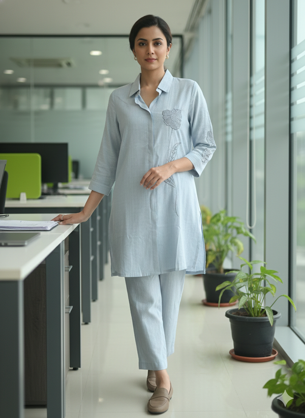 Linen Co-ord Set with embroidery work - Ice Blue L