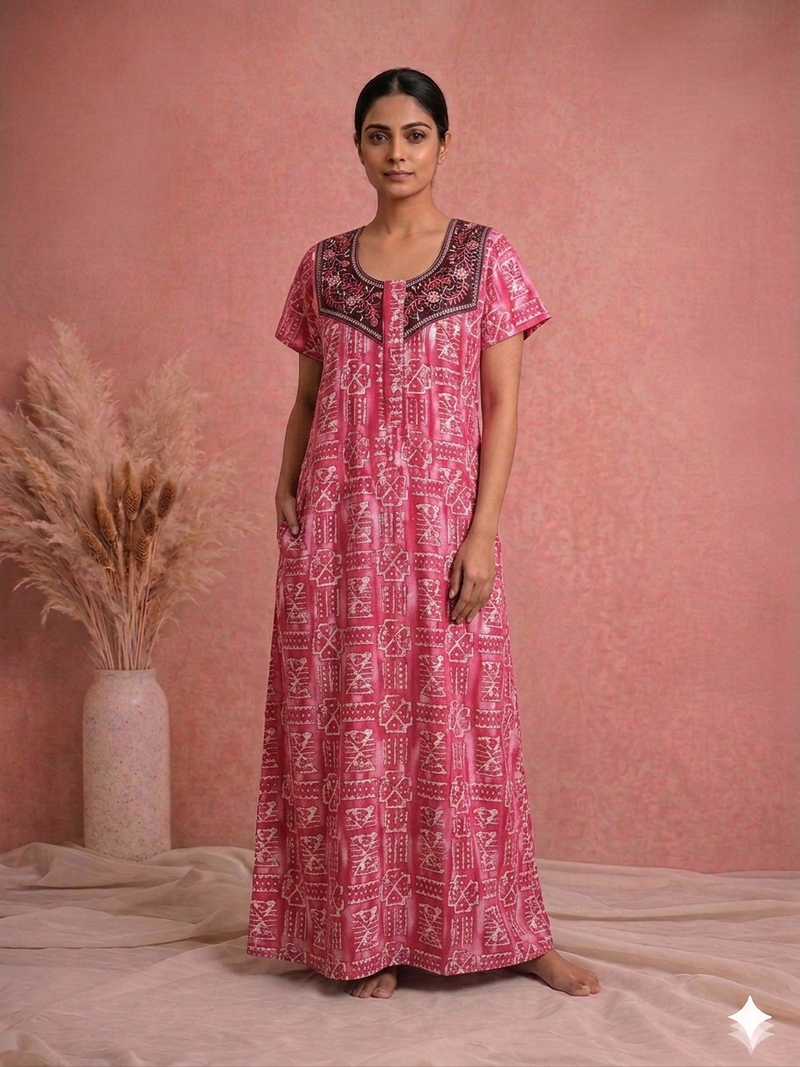 Shanthi Printed nighty with embroidery work Pink
