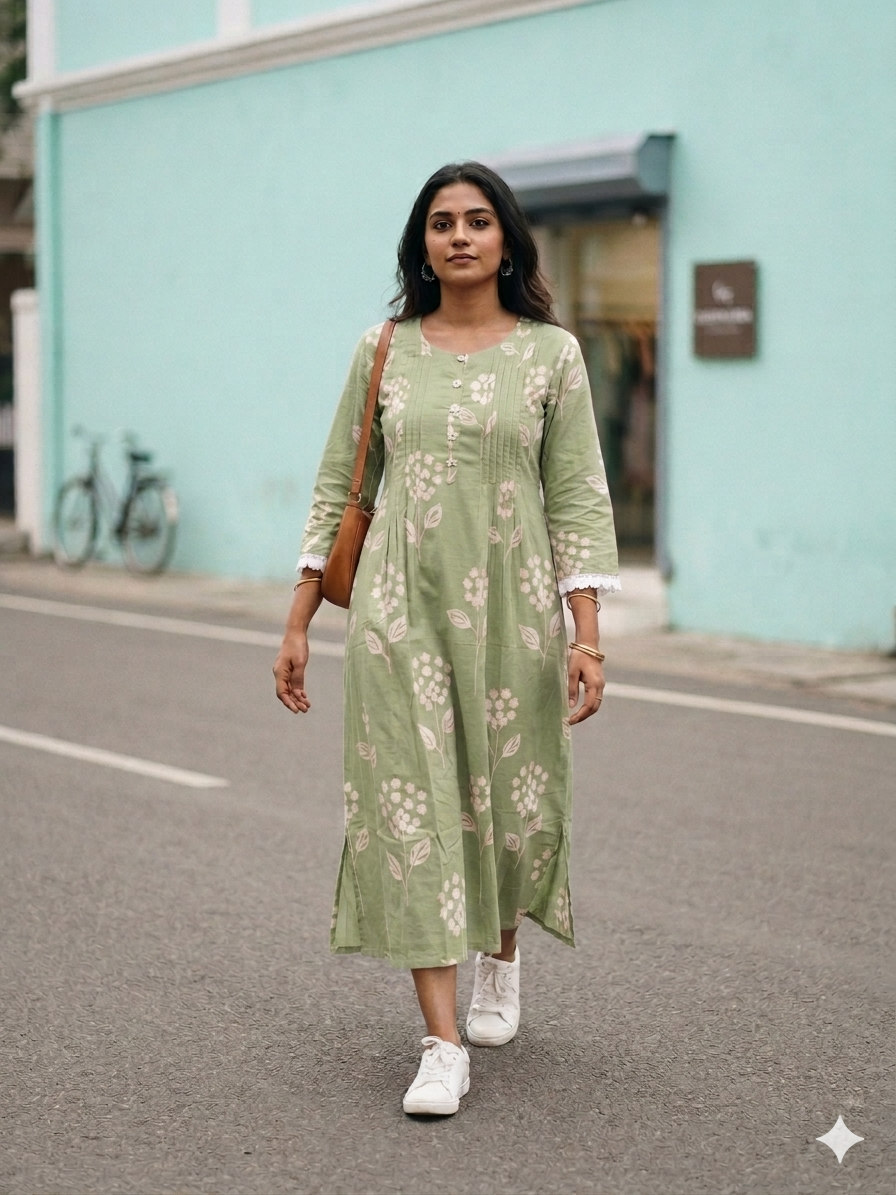 Jaipur cotton Anarkali kurti Green