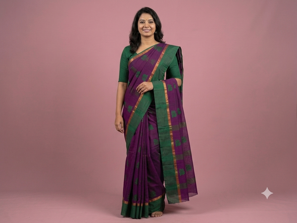 A woman modeling a purple and green sari with gold and red border details, standing against a solid pink studio backdrop.