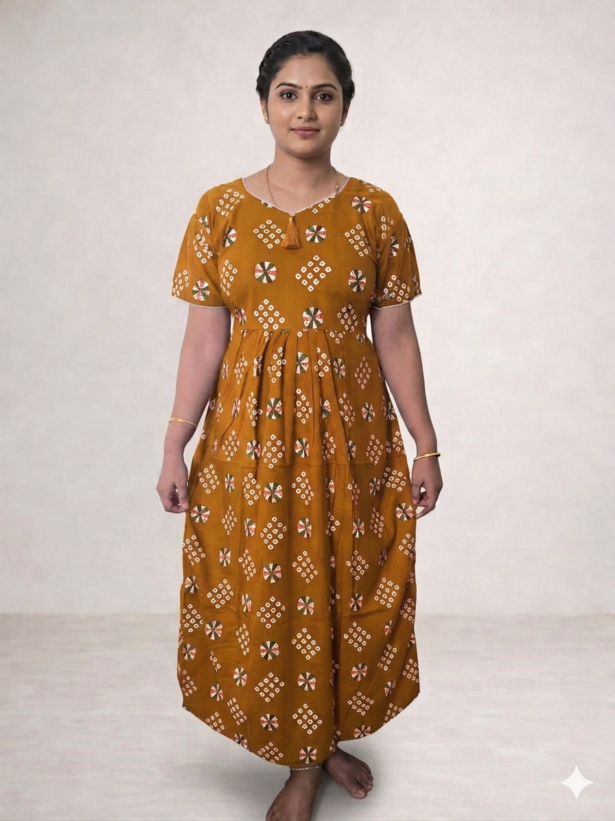 Shanthi printed Frock model cotton Nighty Mustard