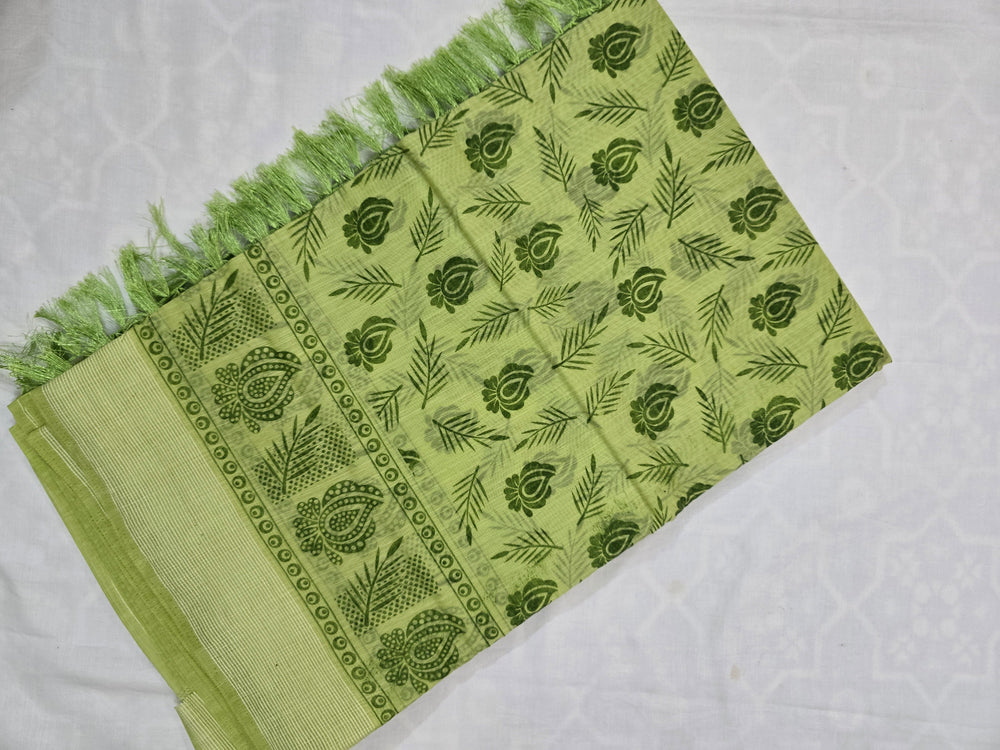 Elegant Lime Green  Printed Cotton Saree