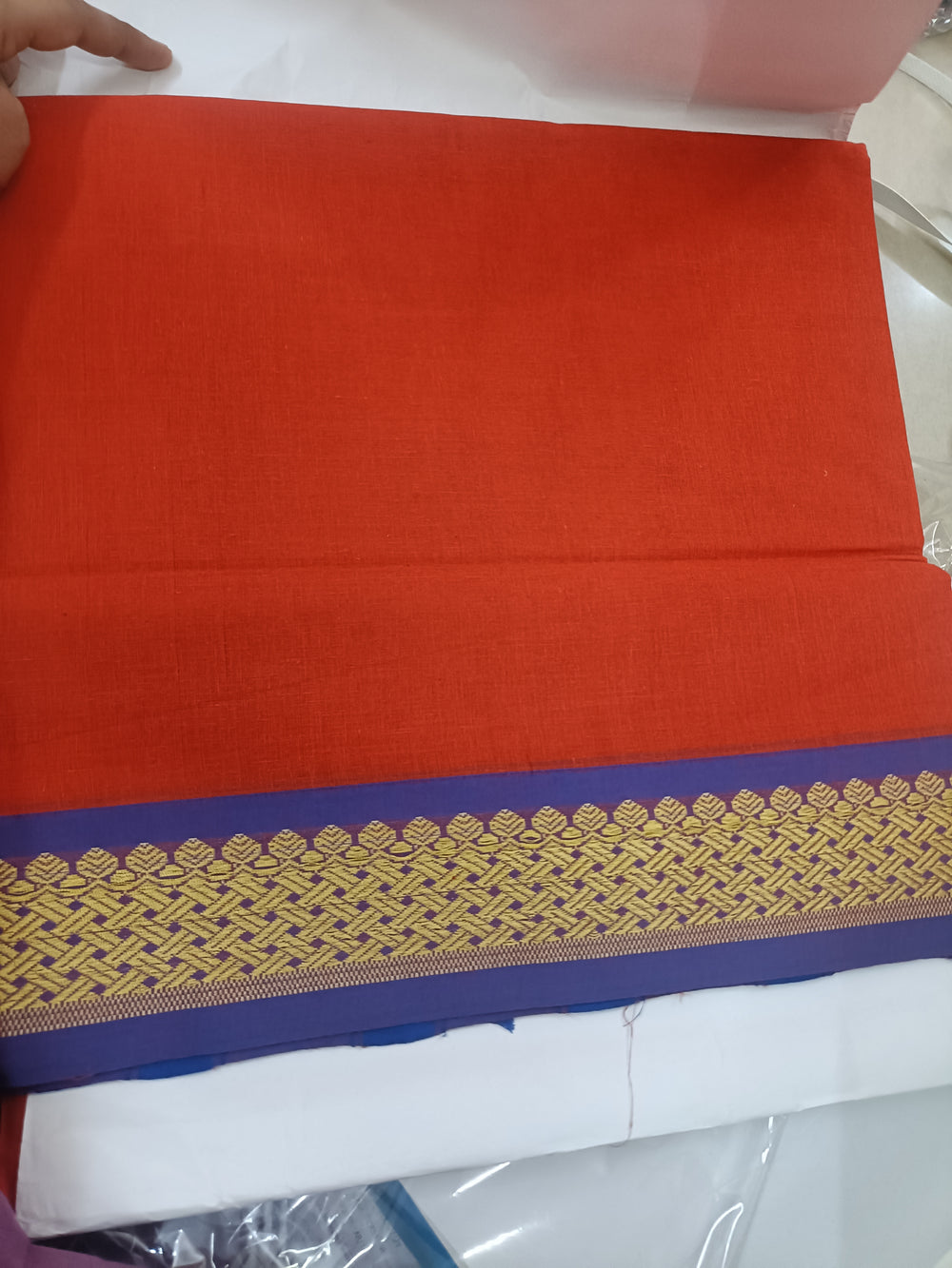 Handloom Cotton Saree with Zari Border – Rust and Violet