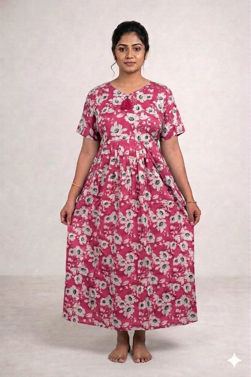 Shanthi floral Frock model cotton Nighty pink