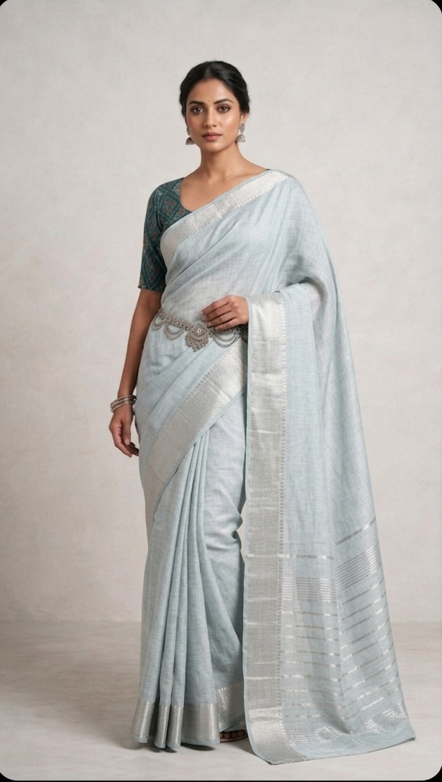 Woman wearing a light blue saree with a green blouse against a plain background