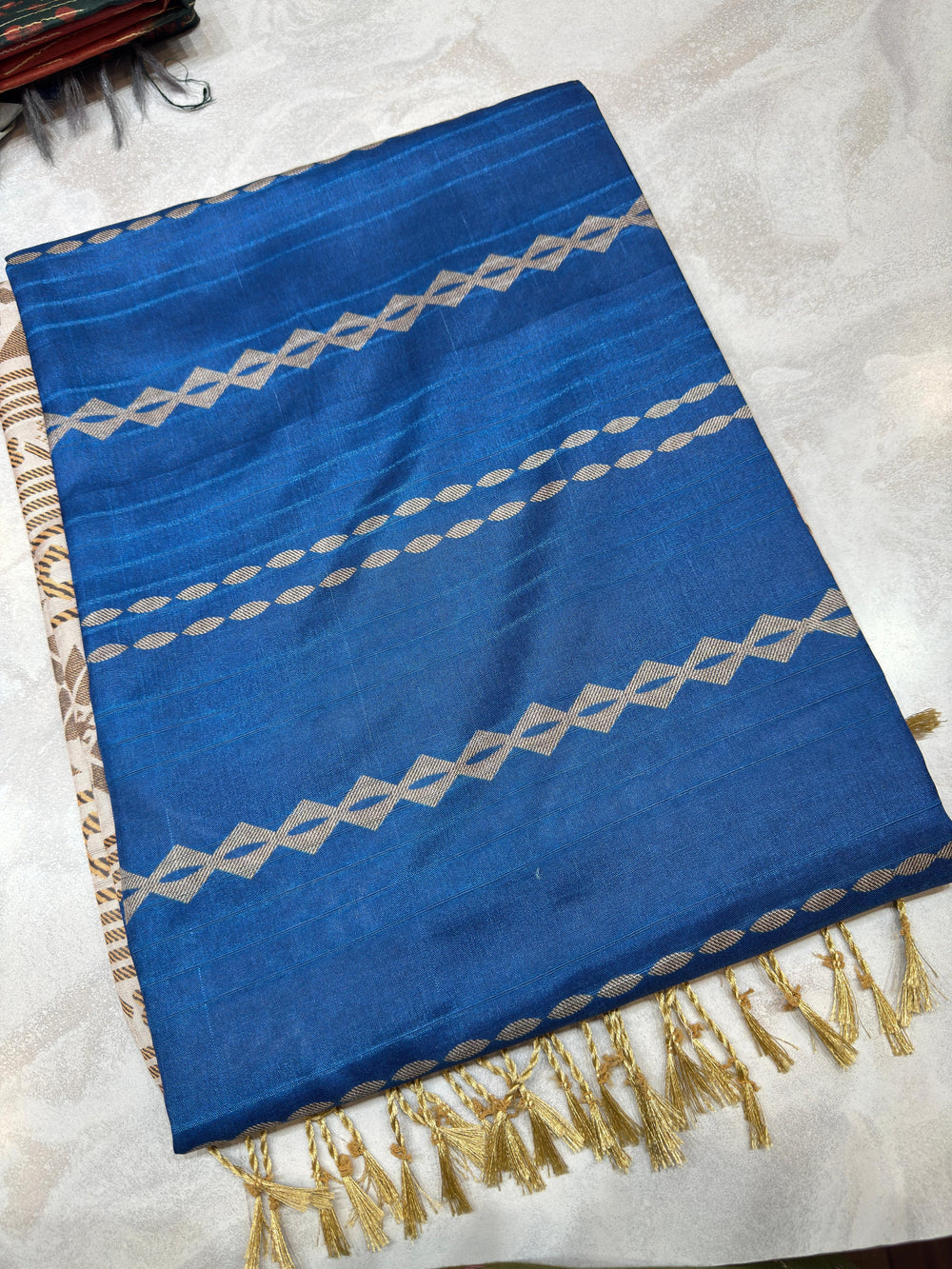 Blue and Beige Printed Art silk saree with attached blouse