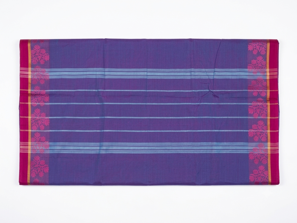 Handloom Cotton Saree with Zari & Thread Floral Border – Elegant Lavender Purple with Pink Contrast , Without Running blouse