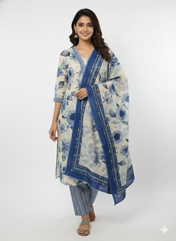 Cotton readymade salwar set - White and blue floral