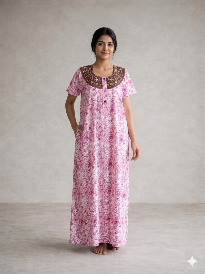 Shanthi Printed nighty with embroidery work Pink