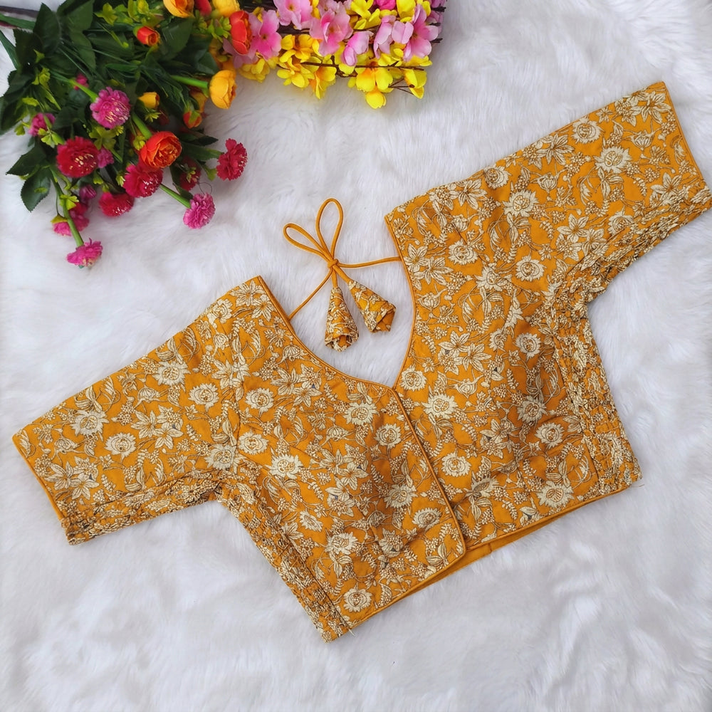 Princess cut Side Elastic Floral Cotton Readymade blouse - Yellow Orange