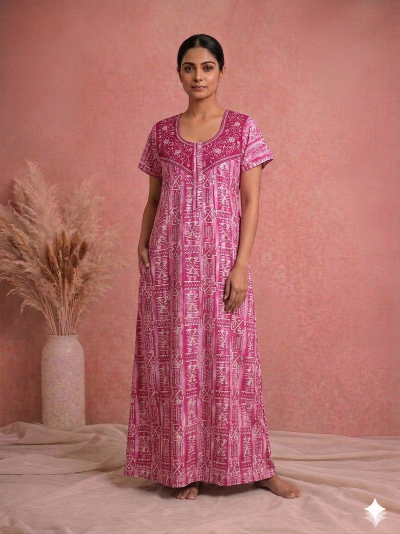 Shanthi Printed nighty with embroidery work Rami Pink