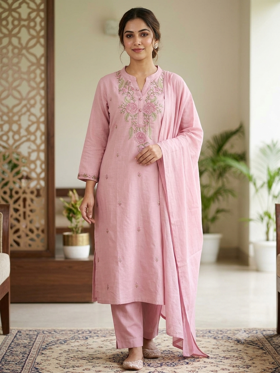 Baby Pink embroidered Cotton salwar set