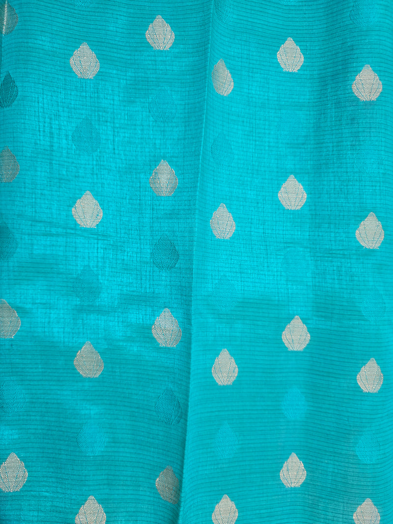 Turquoise Blue Semi Silk Saree featuring Silver Zari Weaving & Rich Zari Pallu