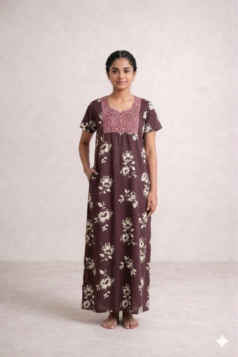 Shanthi Printed nighty with embroidery work Maroon Floral