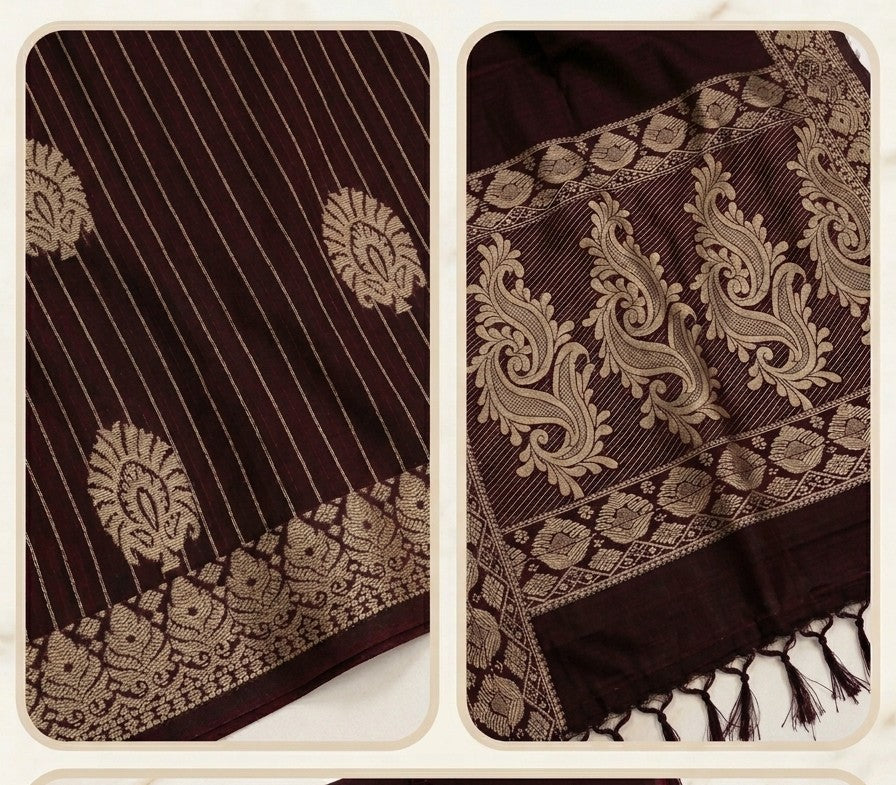 Brown thread work cotton saree