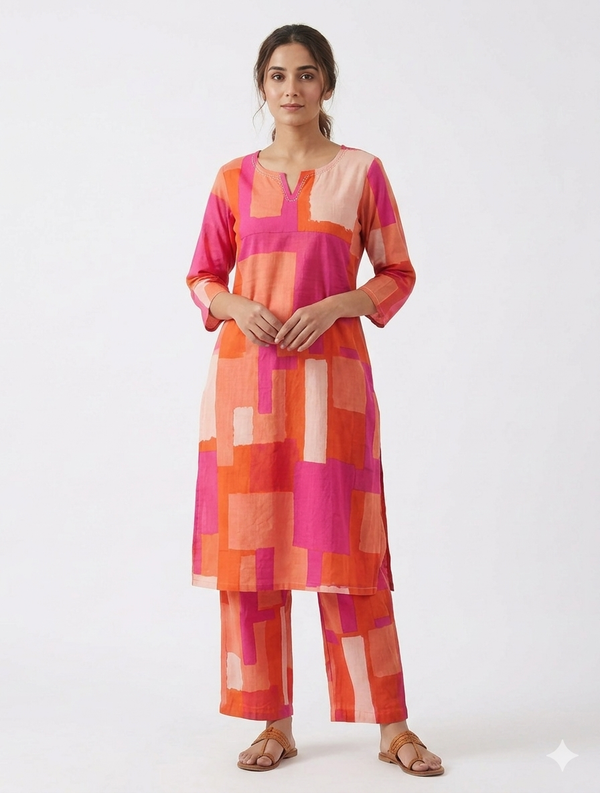 Jaipur Cotton Co ord Set - Orange L
