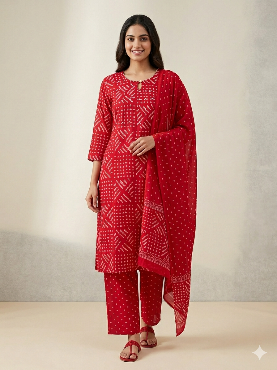Woman wearing a red patterned outfit with a matching dupatta against a neutral background