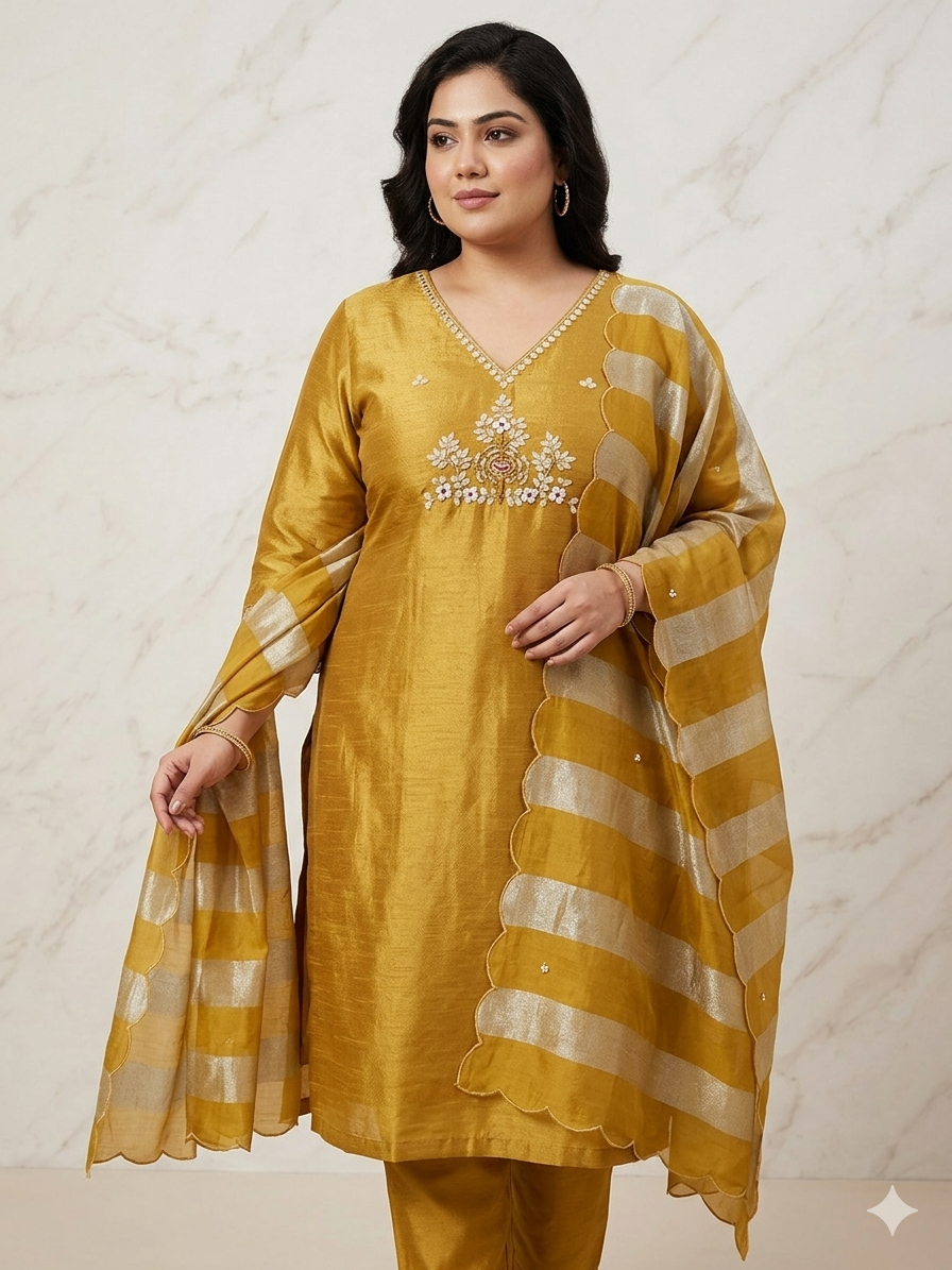 Tissue kurti set with gotta batti work - Golden yellow