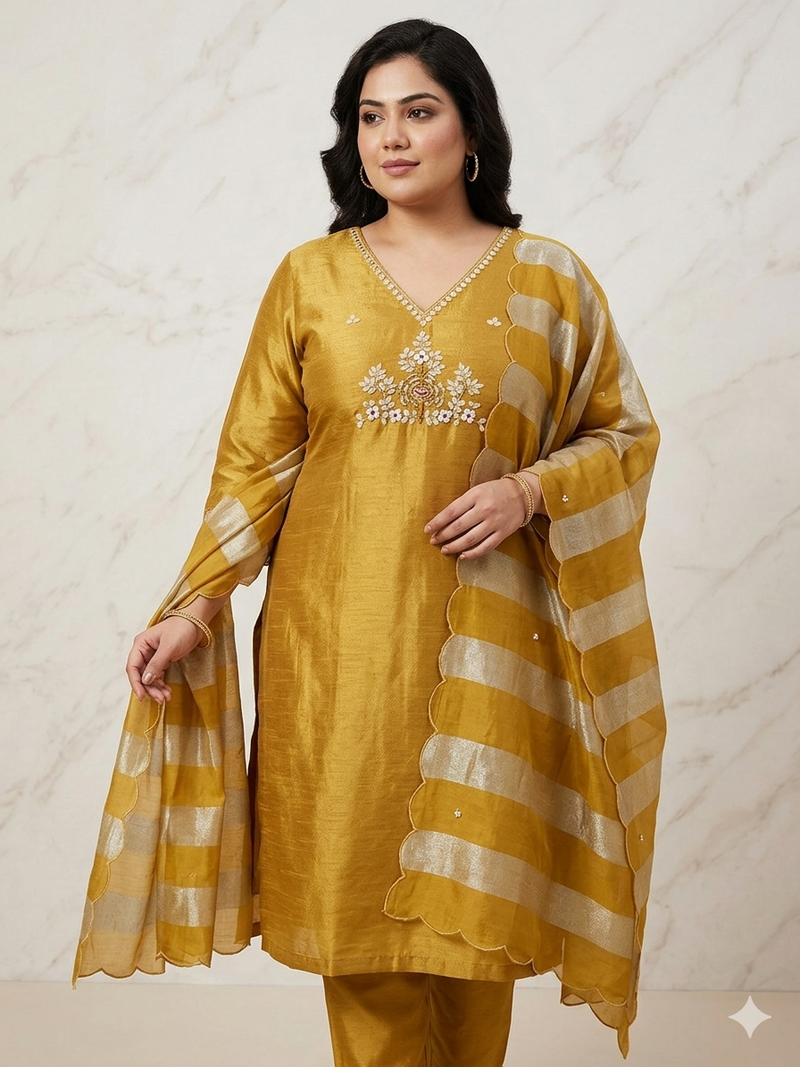 Tissue kurti set with gotta batti work - Golden yellow