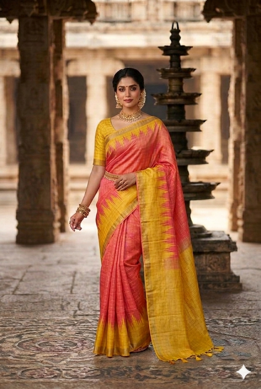 Coral Pink and yellow linen checked zari saree