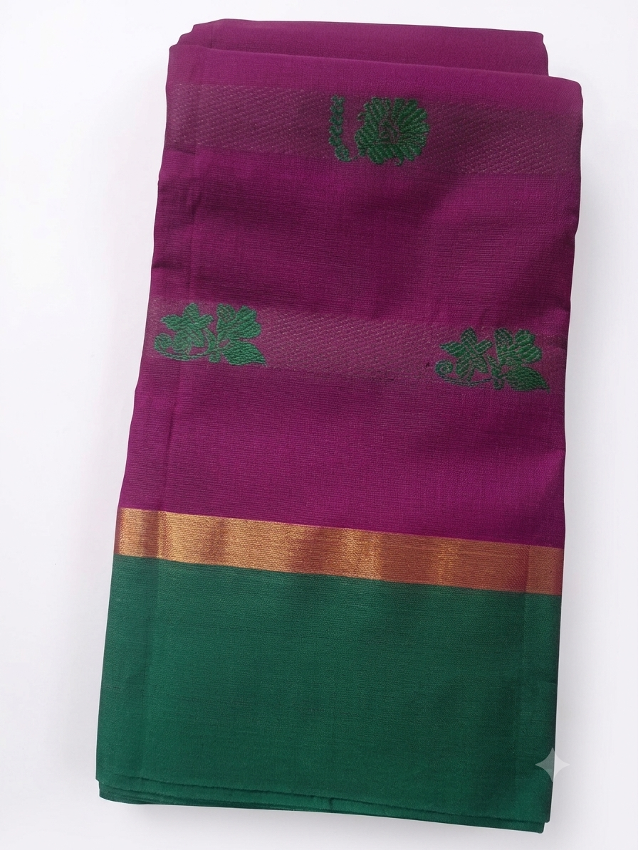 Handloom Cotton Saree with Zari Border – Green & Purple - Without Running blouse
