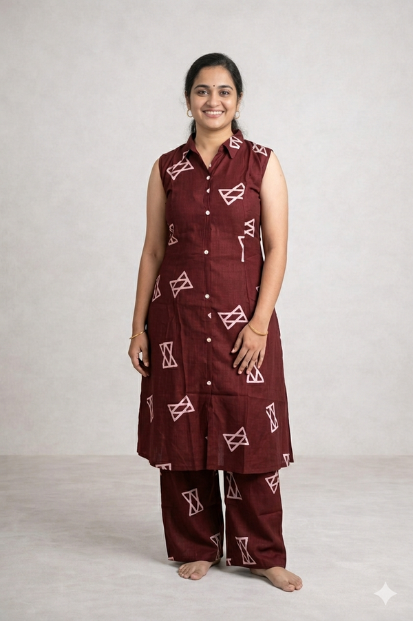 Wine red printed coord set - Modal (Sleeve attached)