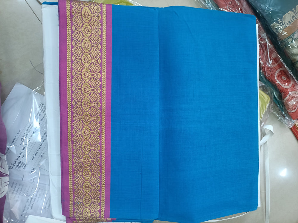 Handloom Cotton Saree with Zari Border – Royal Blue and Pink