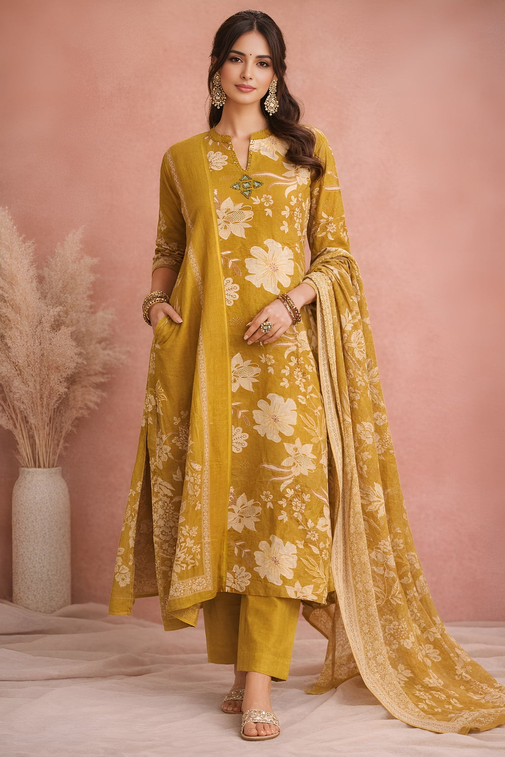 Pure cotton Mustard kurti set with Mirror work - XL