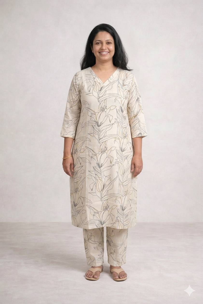 Woman wearing a beige floral kurta with pants on a white background