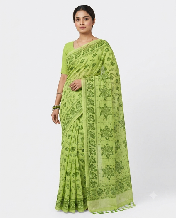 Elegant Lime Green  Printed Cotton Saree