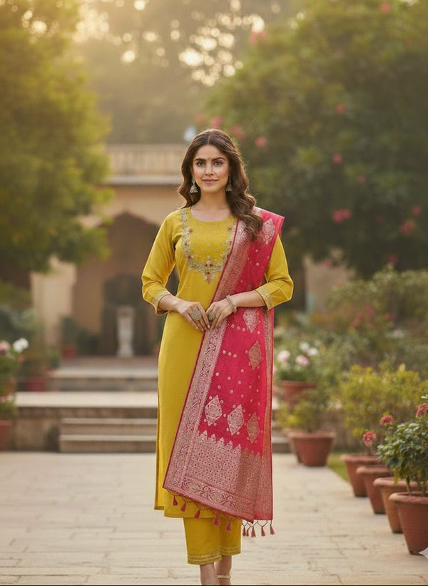 Woman in yellow traditional outfit with pink dupatta standing in a garden